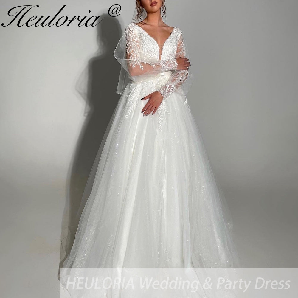HEULORIA elegant A line long sleeve Court Train Tulle Lace Wedding Dress With Sequins AL-694A Main image