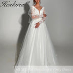 HEULORIA elegant A line long sleeve Court Train Tulle Lace Wedding Dress With Sequins AL-694A