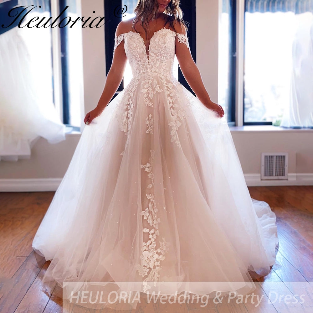 HEULORIA Illusion Off The Shoulder A-Line Wedding Dresses Appliques Lace Country Bridal Gowns Robe De Mariée Customized AL-QK276