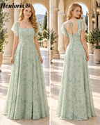 heuloria-Grey Green Floral Square Neck Flutter Sleeve Bridesmaid Dress-ed-558