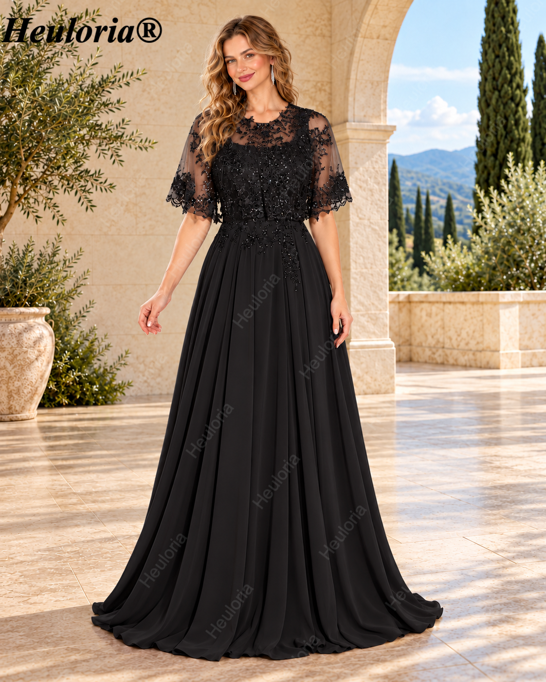 heuloria-Lace Applique Chiffon A-Line Mother of the Bride Dress with Cape-ed-378 Immagine secondaria del prodotto
