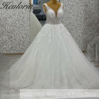HEULORIA Sparkling Leaf Lace Ball Gown Wedding Dress with Plunging V-Neck and Beaded Fringe Sleeves AL-1025