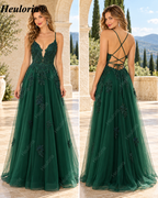 HEULORIA Spaghetti Strap Lace Applique A-Line Tulle Prom Dress ED-337