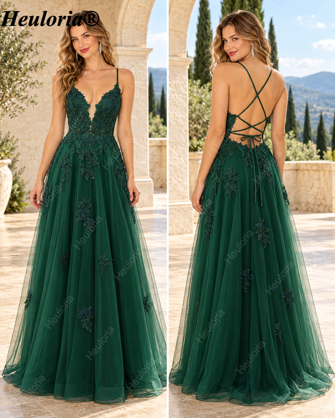HEULORIA Spaghetti Strap Lace Applique A-Line Tulle Prom Dress ED-337