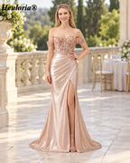 HEULORIA Rose Gold Off-the-Shoulder Beaded Corset Mermaid Evening Dress with High Slit ED-240