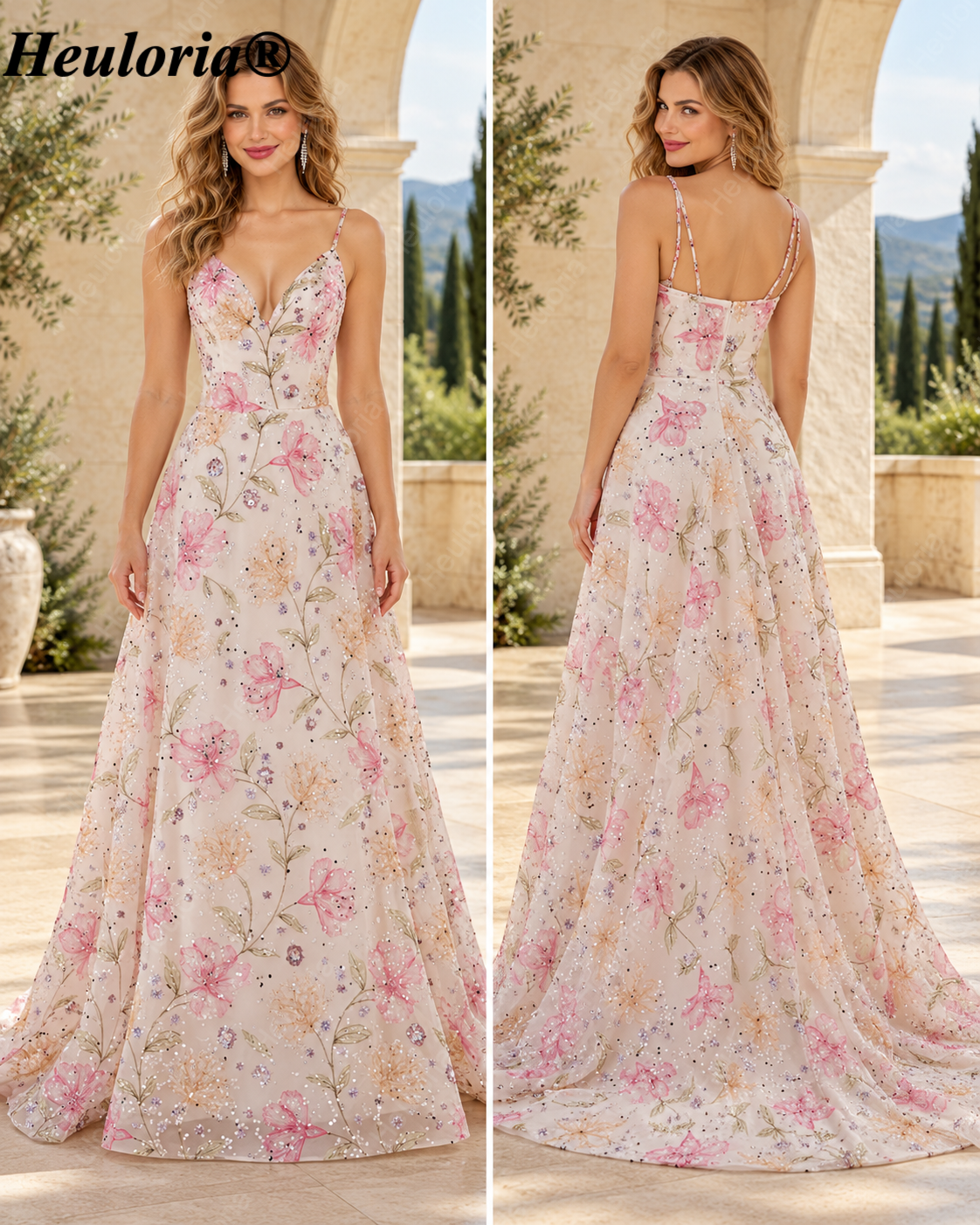 HEULORIA Floral Embroidered Sequin A-Line Evening Dress with Spaghetti Straps and Sweep Train ED-651