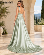 HEULORIA Tie-Shoulder Cowl Neck Satin A-Line Dress with Slit and Train ED-158