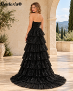 HEULORIA Black Strapless Sequin Tiered A-Line Evening Dress with Train ED-104