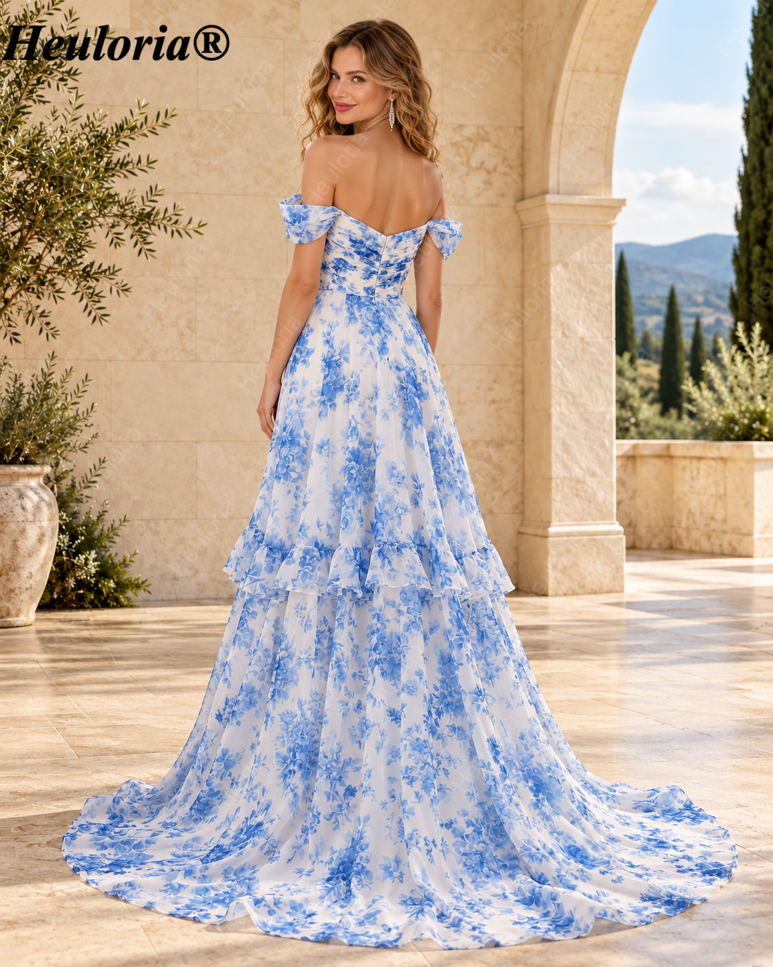 HEULORIA Blue Floral Chiffon Off-the-Shoulder A-Line Prom Dress with Tiered Skirt ED-567 Secondary image