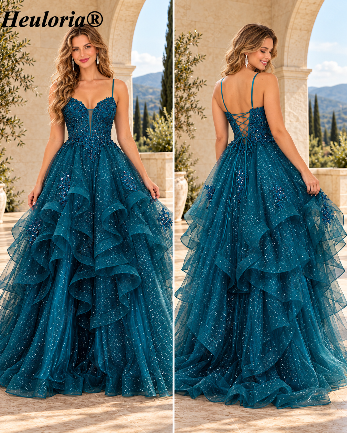 HEULORIA Sparkly Floral Applique Tiered Tulle Ball Gown Prom Dress with Lace-Up Back ED-409