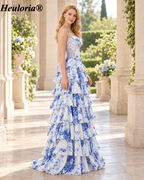 HEULORIA Blue Toile de Jouy Tiered Satin A-Line Prom Dress with Sweetheart Corset Bodice ED-352