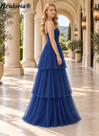 heuloria Navy Ruched Tiered Tulle A-Line Dress with Lace-Up Back-ed-548