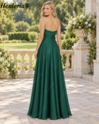 HEULORIA Dark Green Strapless Satin A-Line Bridesmaid Dress with Ruched Cutout Bodice – ED-265