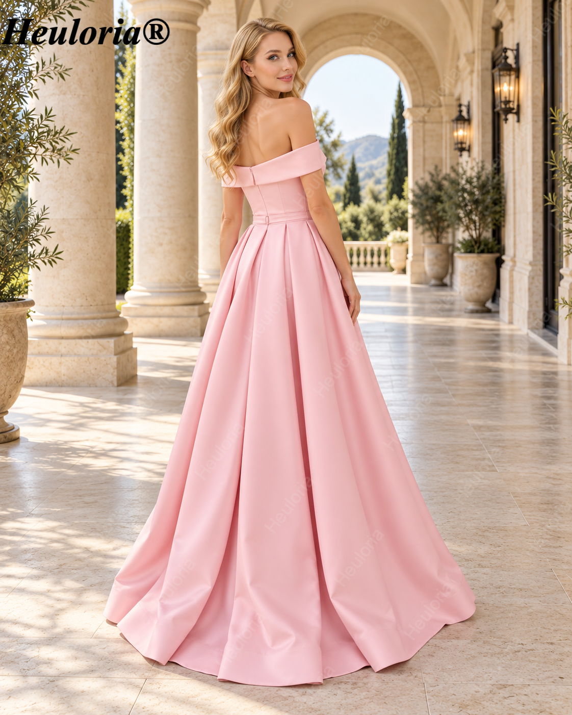 HEULORIA Blush Pink Off-the-Shoulder Belted Satin A-Line Evening Dress with High Slit – ED-25