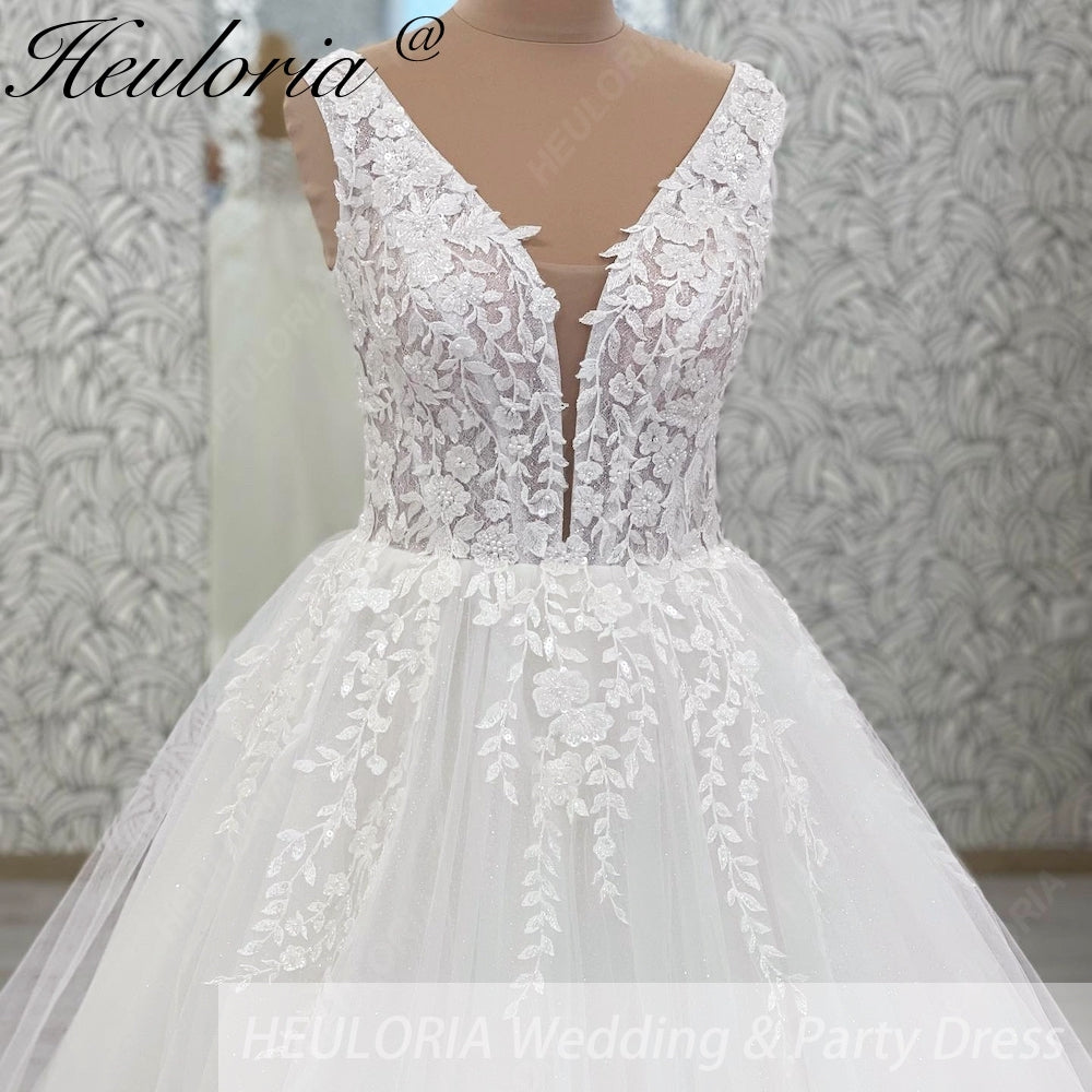 HEULORIA A line Wedding Dress V Neck sparky tulle lace applique bride dress with lace up back Customized AL-1032