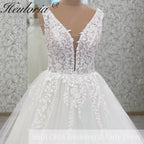 HEULORIA A line Wedding Dress V Neck sparky tulle lace applique bride dress with lace up back Customized AL-1032