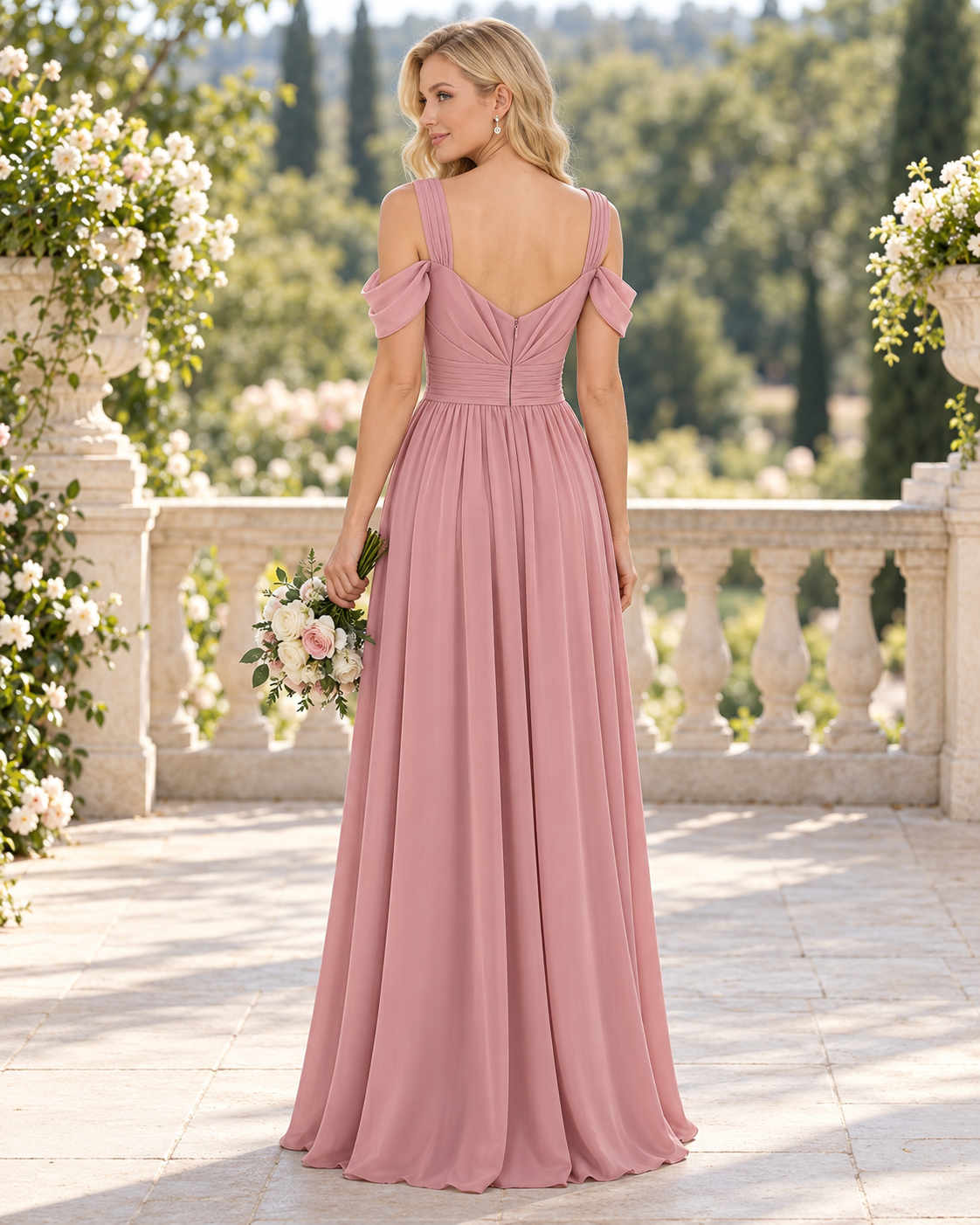 HEULORIA Dusty Rose Cold-Shoulder Chiffon A-Line Bridesmaid Dress with Slit – ED-258 Immagine secondaria del prodotto