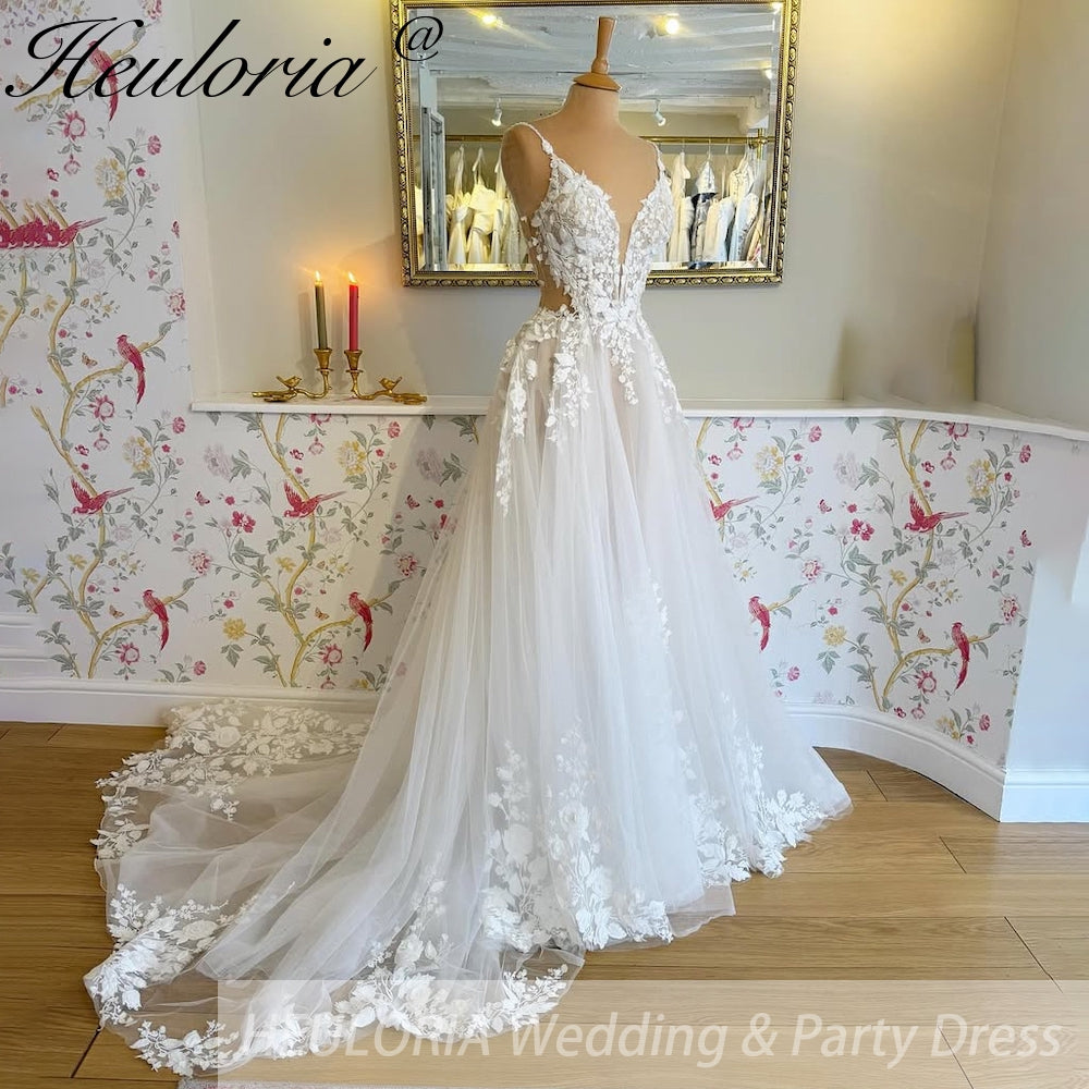 HEULORIA Spaghetti Straps a line Wedding Dress 3D flower Lace bridal dress  plug v neck Customized AL-810