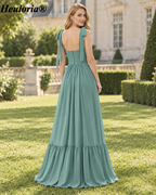 heuloria Eucalyptus Square Neck Bridesmaid Dress with Bow Straps and Ruffle Hem ed-535