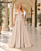 HEULORIA Royal Blue Off-the-Shoulder Pleated Satin A-Line Evening Dress with High Slit and Pockets – ED-27