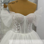 HEULORIA elegant A line wedding dress off shoulder Sparkly Glitter lace bridal dress long sleeve Robe De Mariee Wedding Bride Dress long train AL-1035