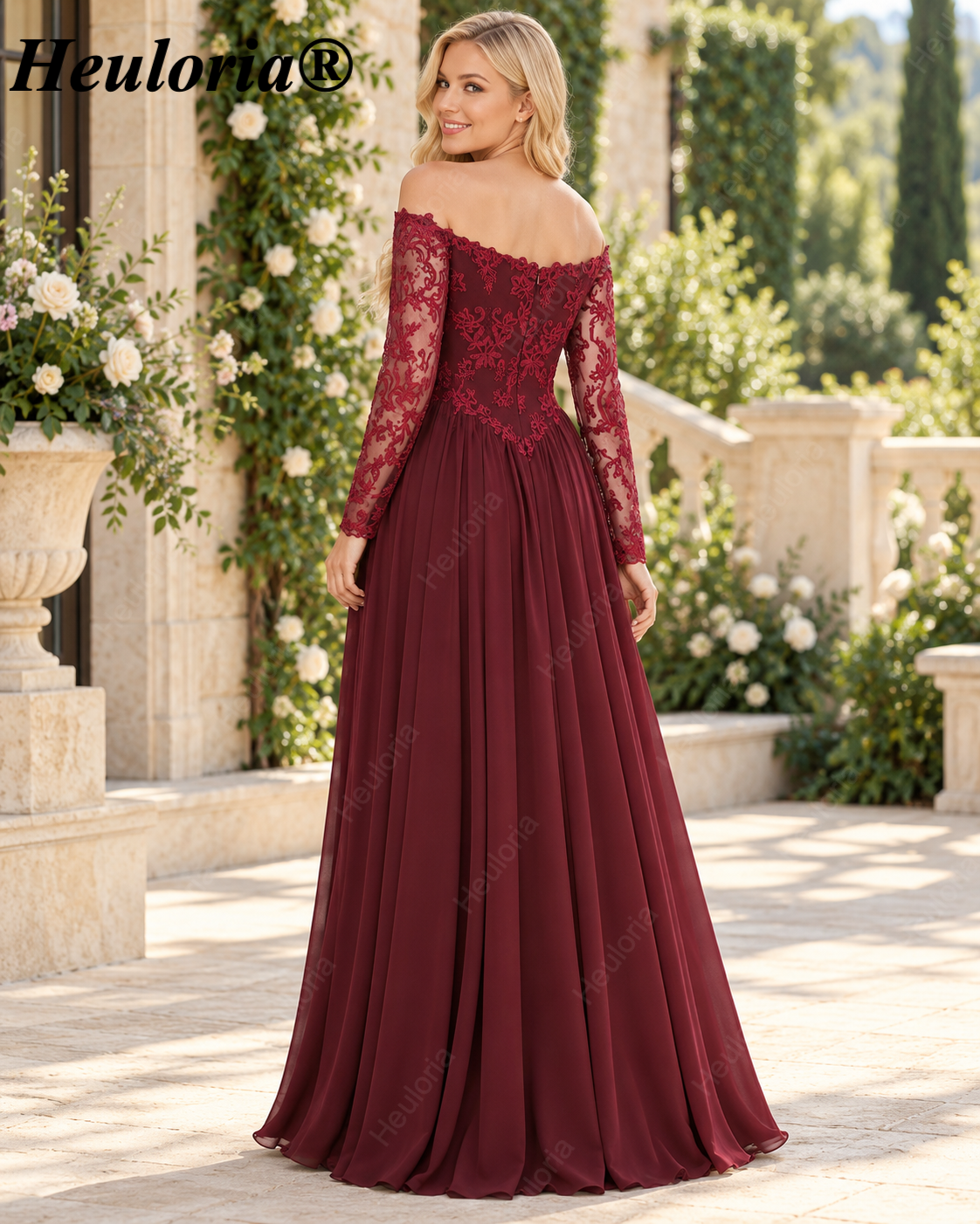 Burgundy Off-the-Shoulder Lace Long Sleeve A-Line Bridesmaid Dress ED-227 Image secondaire du produit