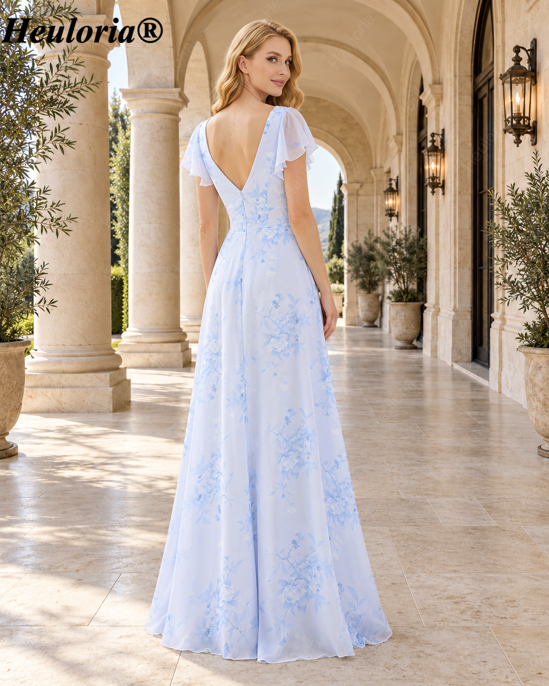 heuloria-Floral V-Neck Flutter Sleeve Bridesmaid Dress with Ruffle Slit-ed-564