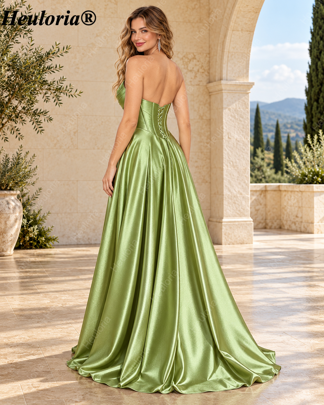 HEULORIA Strapless Sweetheart Satin Corset Prom Dress with Slit and Pockets ED-199 Imagen secundaria del producto
