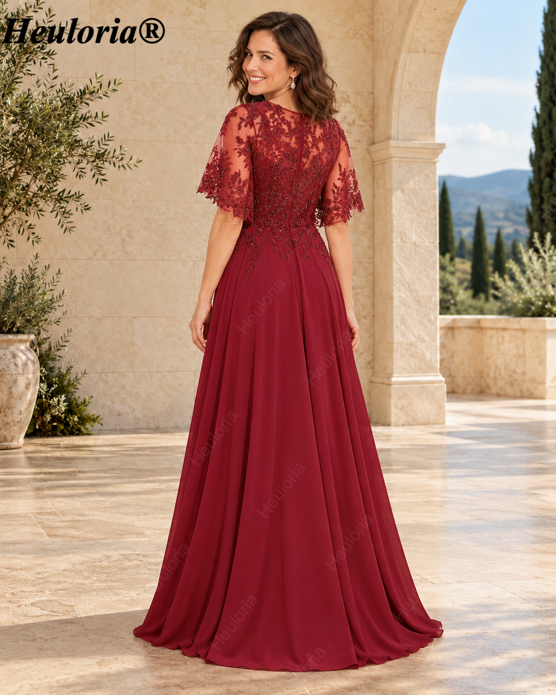 heuloria-Lace Applique Chiffon A-Line Mother of the Bride Dress with Cape-ed-378 Imagen secundaria del producto