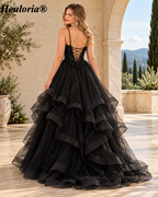 HEULORIA Sparkly Floral Applique Tiered Tulle Ball Gown Prom Dress with Lace-Up Back ED-409
