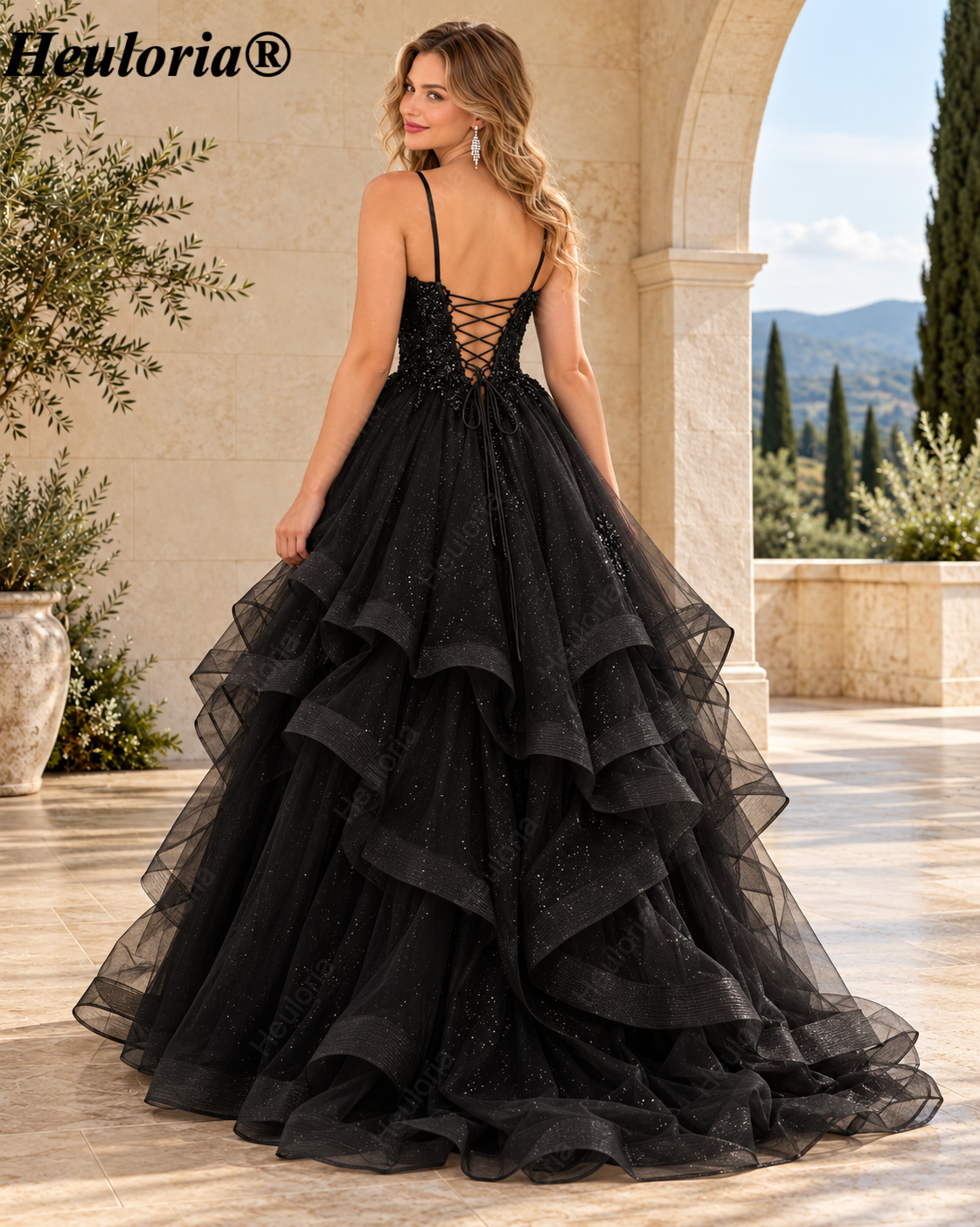 HEULORIA Sparkly Floral Applique Tiered Tulle Ball Gown Prom Dress with Lace-Up Back ED-409