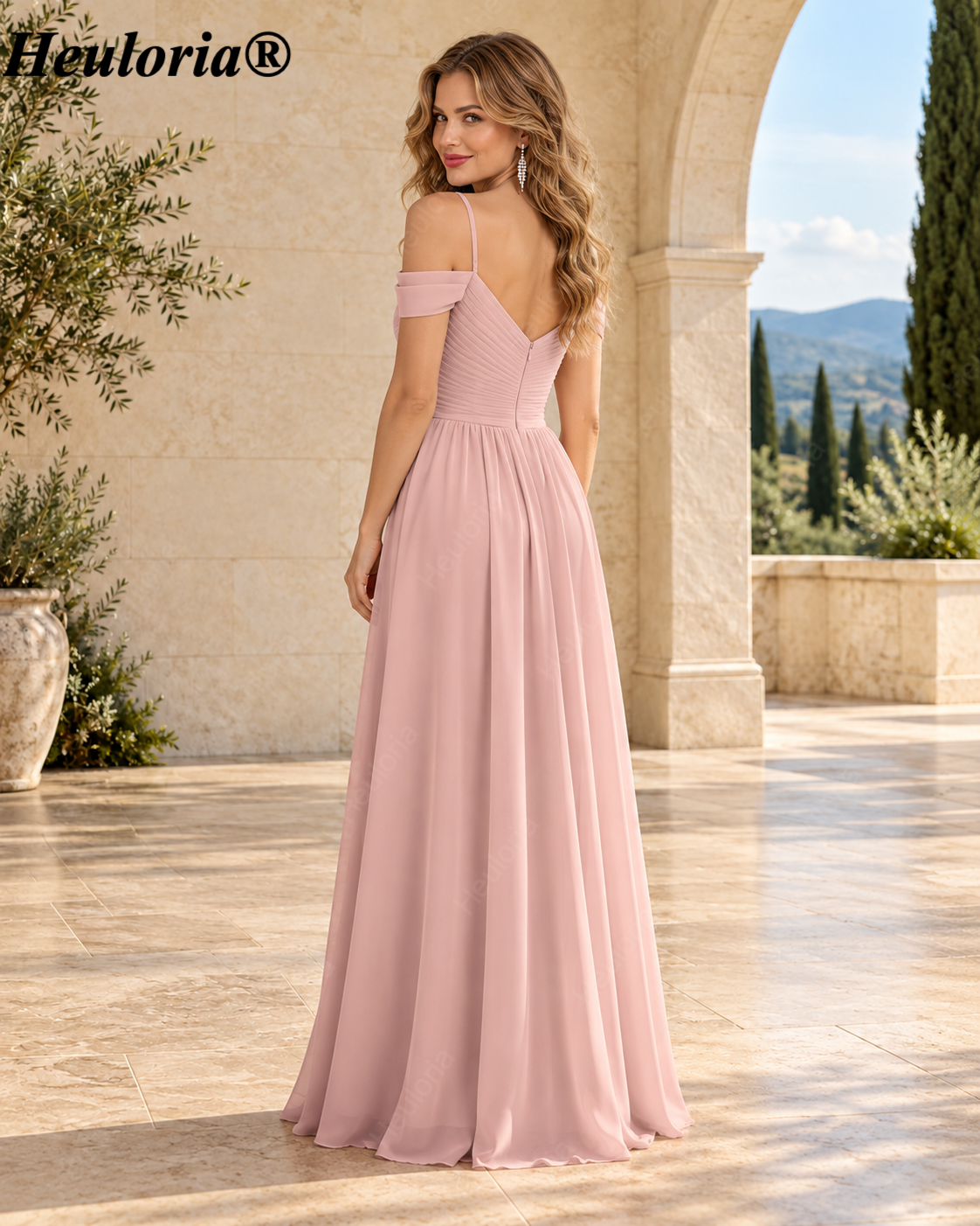 HEULORIA Dusty Rose Cold-Shoulder V-Neck Chiffon A-Line Bridesmaid Dress – ED-122 Secondary image