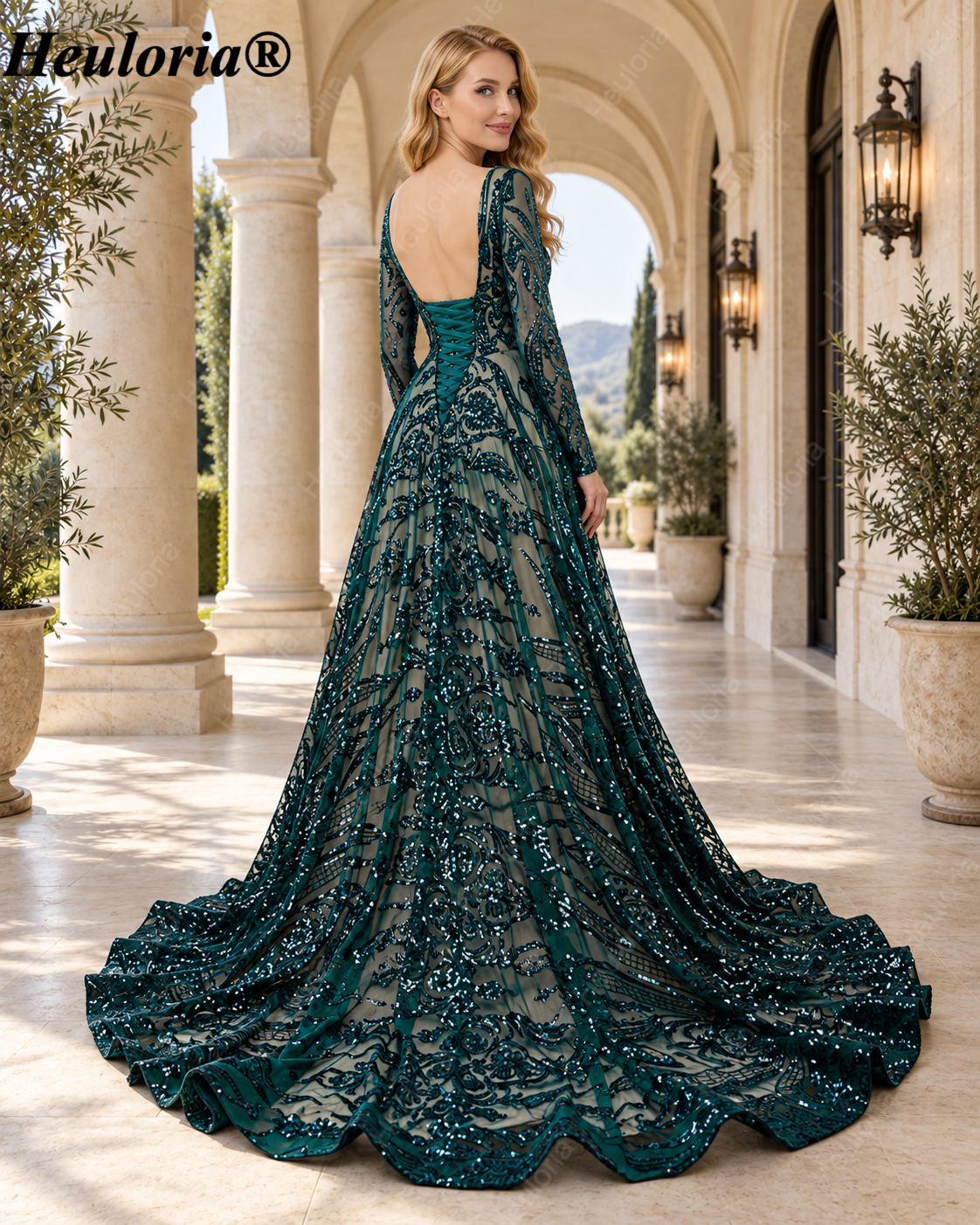 heuloria-Long Sleeve Sequin A-Line Evening Dress with Lace-Up Back and Train-ed-58-1 Secondary image