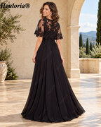 heuloria-Lace Applique Chiffon A-Line Mother of the Bride Dress with Cape-ed-378