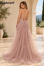 HEULORIA Spaghetti Strap Lace Applique A-Line Tulle Prom Dress ED-337