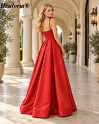 HEULORIA Rust Red Square-Neck Satin A-Line Prom Dress with High Slit and Pockets – ED-35