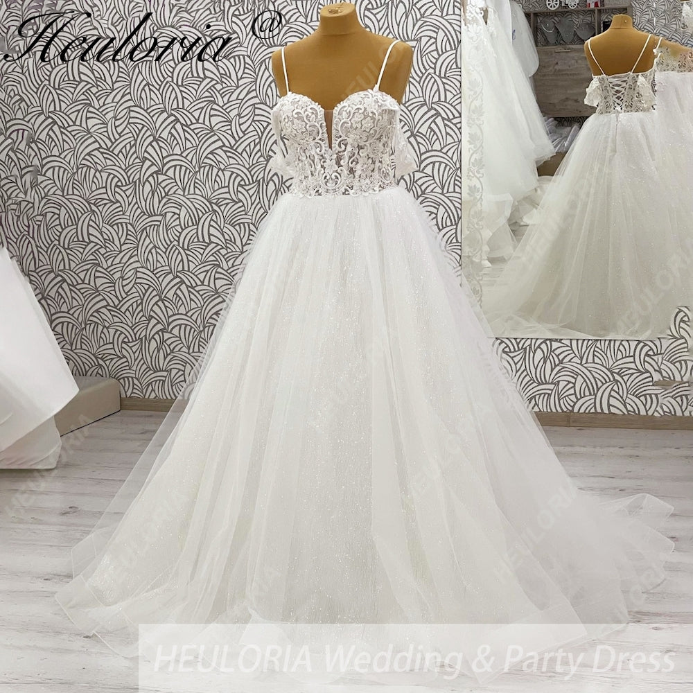 Sparkling Glitter Tulle A-Line Wedding Dress: Sweetheart Plunge & Detachable Lace Sleeves AL-1024