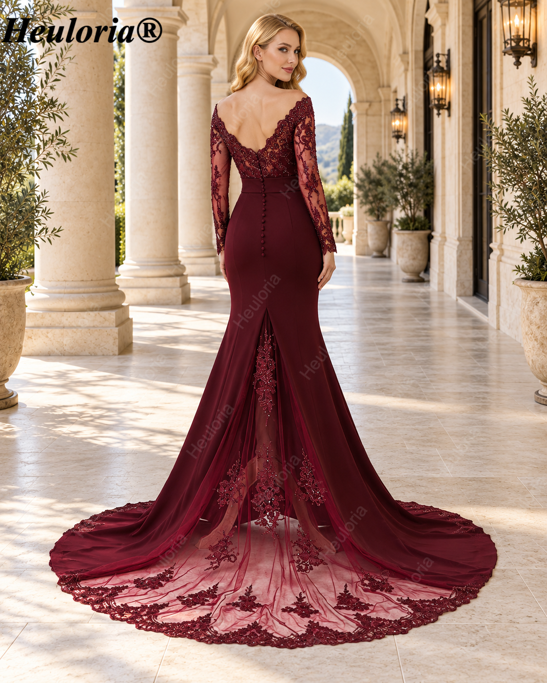 heuloria-Burgundy Off-the-Shoulder Lace Mermaid Evening Dress with Long Sleeves-ed-77