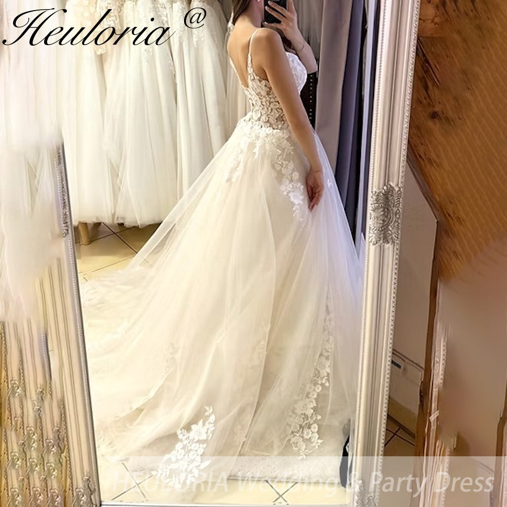 HEULORIA  elegant A line wedding dress Spaghetti Strap lace applique bridal dress Robe De Mariee Wedding Bride Dress AL-968