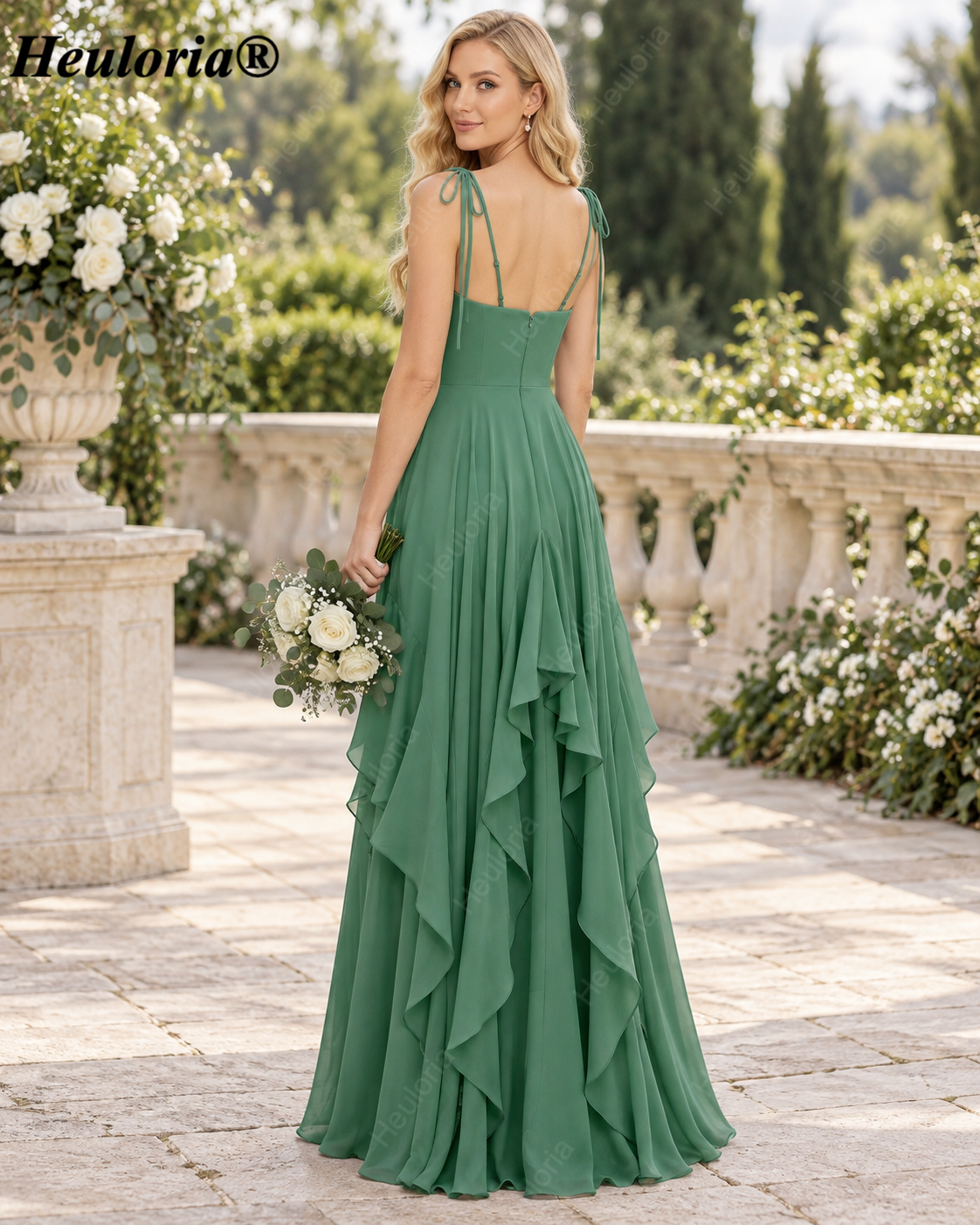 HEULORIA Matcha Green Tie-Strap Ruffle Chiffon A-Line Bridesmaid Dress ED-252 Immagine secondaria del prodotto