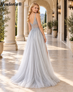 HEULORIA Silver Beaded V-Neck Tulle A-Line Prom Dress with Slit ED-41