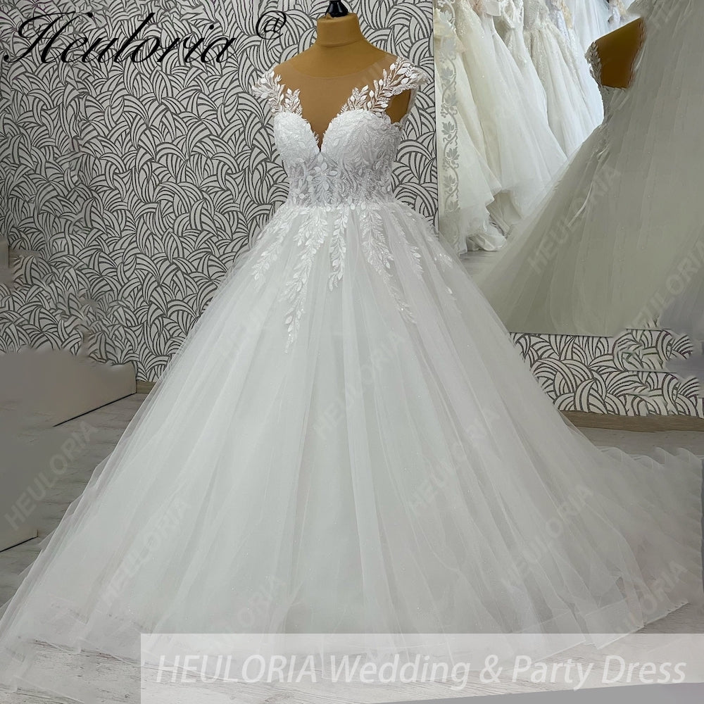HEULORIA Ethereal Leaf Lace A-Line Wedding Dress with Illusion Neckline and Delicate Cap Sleeves AL-1029