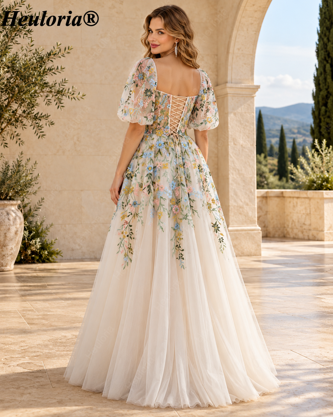 HEULORIA Ivory Floral Embroidered Tulle A-Line Evening Dress with Square Neck and Puff Sleeves ED-671 Immagine secondaria del prodotto