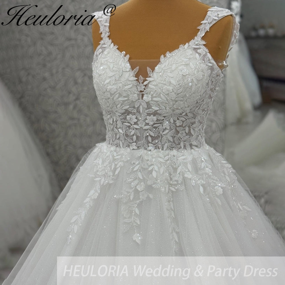 HEULORIA V Neck Sleeveless A lineWedding Dress Boho Lace Appliques Tulle Long Bridal Gowns Backless Vestidos de Novia Customized AL-1010