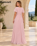 HEULORIA Flutter Sleeve V-Neck Chiffon Bridesmaid Dress with Slit ED-115