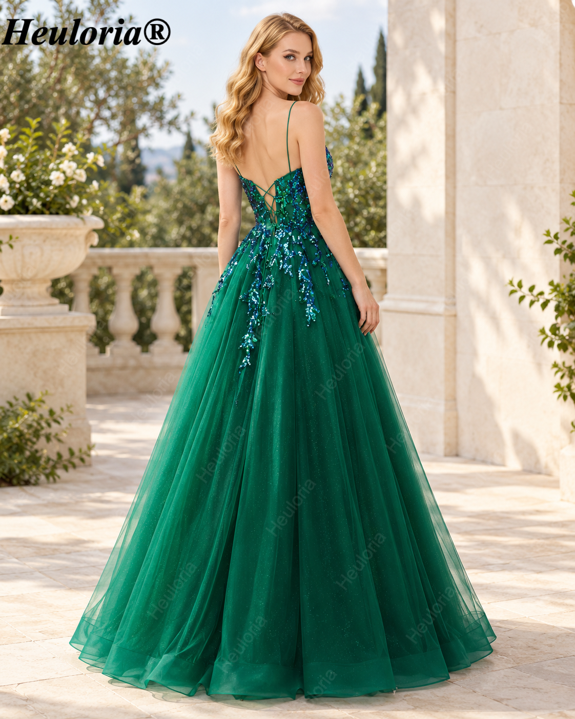 HEULORIA Emerald Green Sequin Tulle A-Line Prom Dress with Plunging V-Neck ED-340 Secondary image
