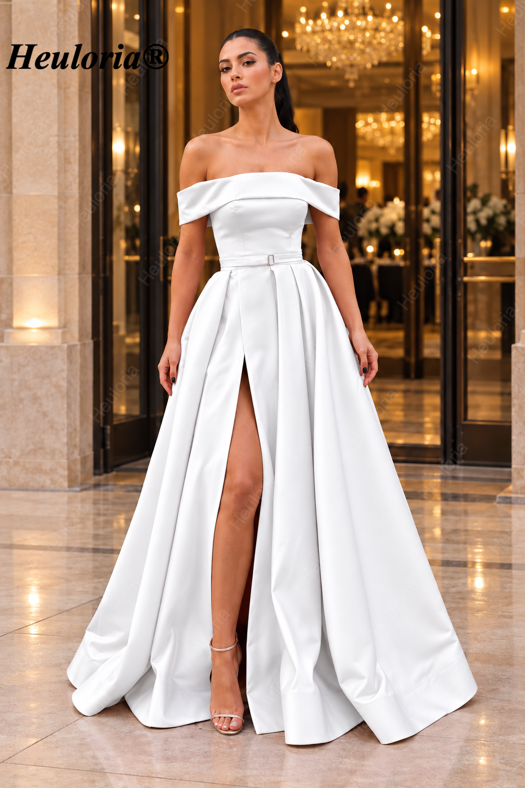 HEULORIA Blush Pink Off-the-Shoulder Belted Satin A-Line Evening Dress with High Slit – ED-25