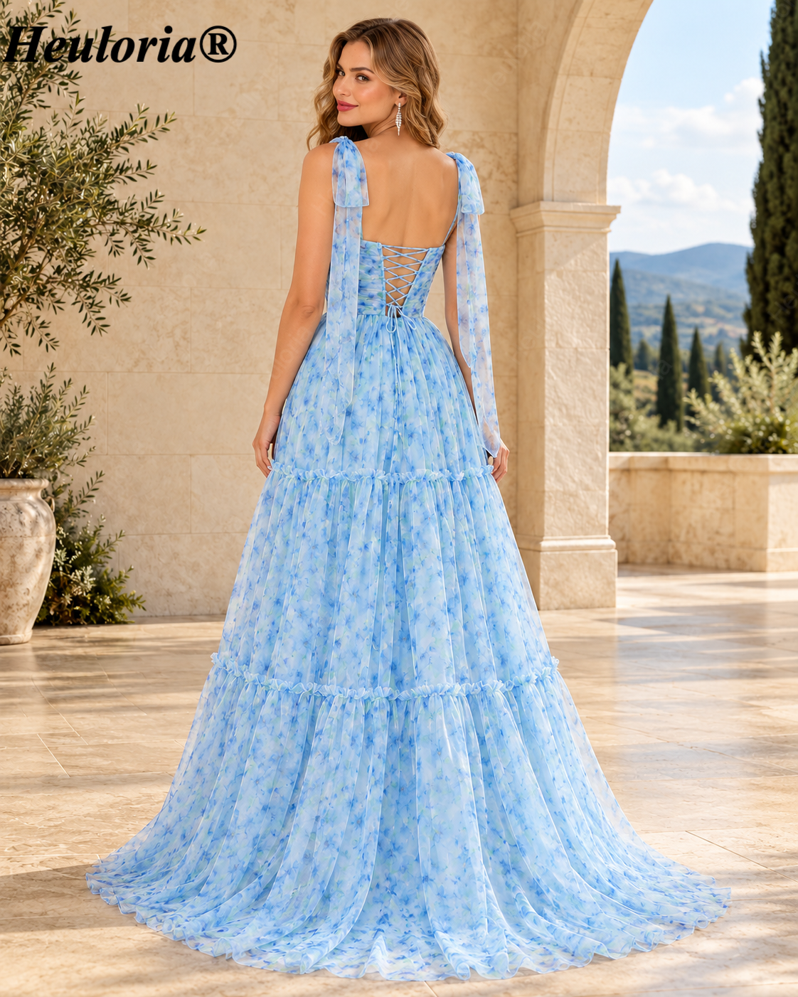 Heuloria Dreamy Light Blue Watercolor Floral Tiered Chiffon A-Line Prom Dress with Tie Straps and Lace-Up Back ED-659 Immagine secondaria del prodotto