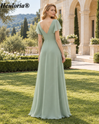 heuloria Sage Green V-Neck Flutter Sleeve Bridesmaid Dress with Draped Skirt ed-530