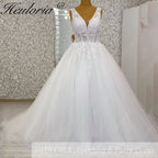 HEULORIA V Neck Sleeveless A line Wedding Dress Boho Lace Appliques Tulle Long Bridal Gowns Backless Vestidos de Novia Customized AL-1037